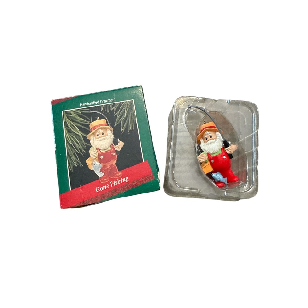 Vintage Handcrafted Gone Fishing Santa Christmas Ornament with Box Red Green